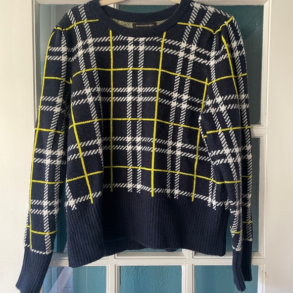 Banana Republic Aire Puff-Sleeve Sweater, Navy & Chartreuse Plaid, XL - Picture 7 of 8